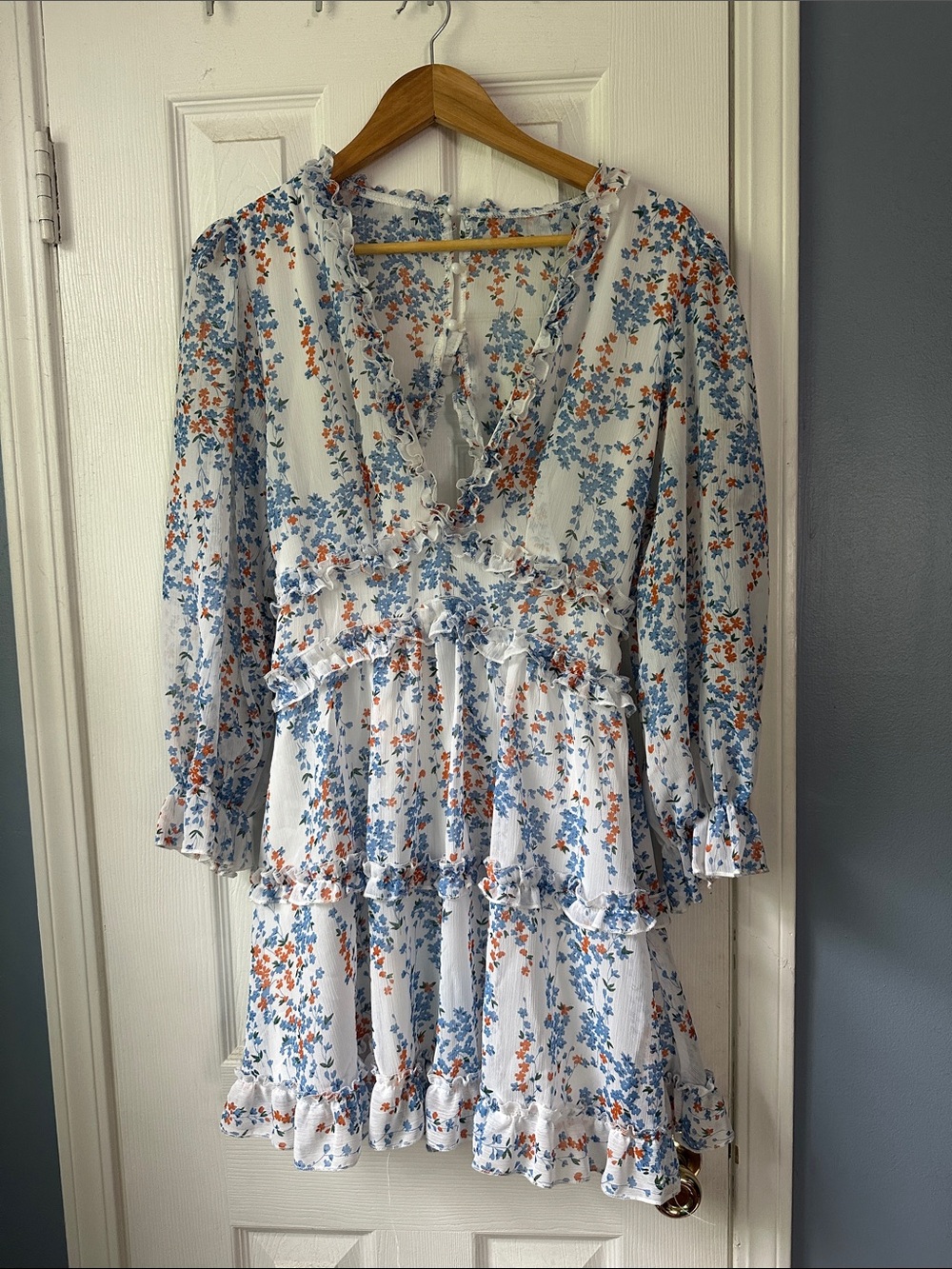Floral Ruffle Tiered Mini Dress - White with Blue & Orange Floral